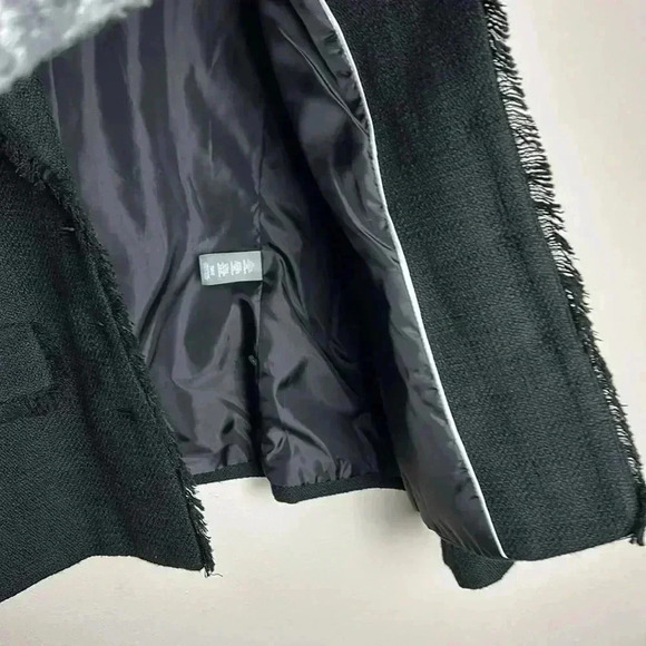 Karl Lagerfeld Blazer 12 Black Tweed Texture Fringe Trim Suit Jacket Office Work - Picture 8 of 11